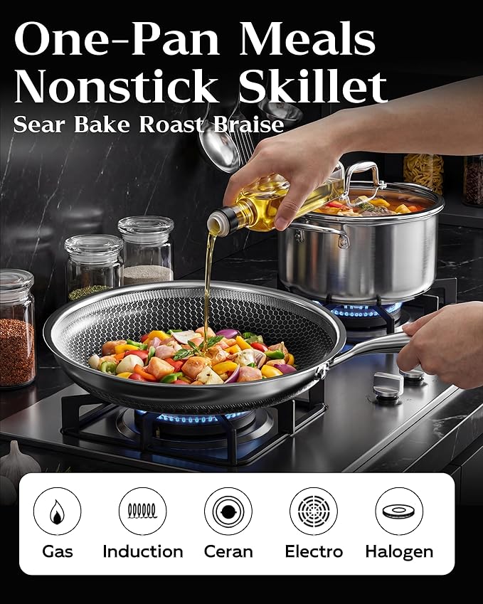 Nonstick Frying Pan Set with 3 Lids, 8+10+12 Inch, Honeycomb Stainless Steel Skillet Pans Set, PFOA-Free Scratch-Proof, Dishwasher & Oven Safe, Compatible with All Cooktops