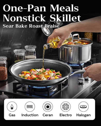 Nonstick Frying Pan Set with 3 Lids, 8+10+12 Inch, Honeycomb Stainless Steel Skillet Pans Set, PFOA-Free Scratch-Proof, Dishwasher & Oven Safe, Compatible with All Cooktops