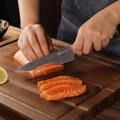 Sunnecko 5.5 Inch Small Chef Knife - Ultra Sharp 12-15 Degree Edge Kitchen Knife for Meat Vegetable Cutting Japanese Style with Sheath, High Carbon Stainless Steel Blade, Cooking Father Day Gift