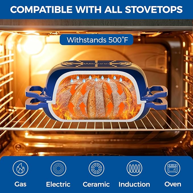 Enameled Cast Iron Dutch Oven Pot with Lid, Wildone 5.5QT Bread Oven for Homemade Sourdough Bread Baking with Cotton Potholders, Oven Safe up to 500°F, Blue