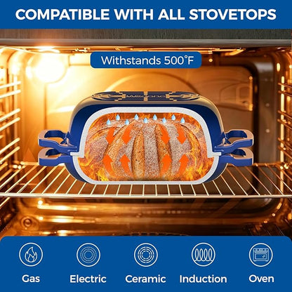 Enameled Cast Iron Dutch Oven Pot with Lid, Wildone 5.5QT Bread Oven for Homemade Sourdough Bread Baking with Cotton Potholders, Oven Safe up to 500°F, Blue