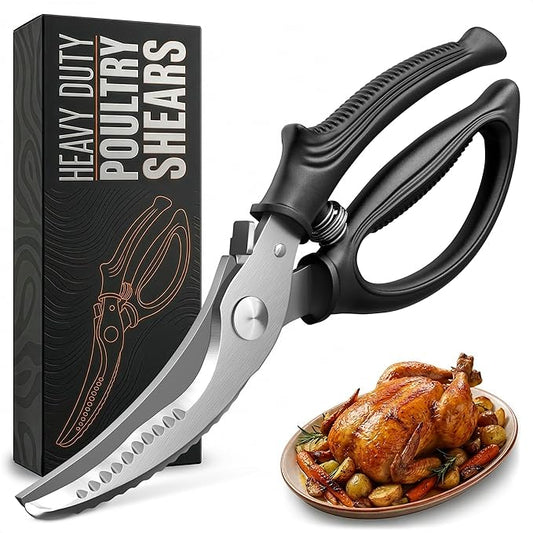 Poultry Shears Heavy Duty – Stainless Steel Chicken Shears with Spring Loaded Design, Non-Slip Serrated Edge & Safety Lock, Dishwasher Safe – Bone Cutting Scissors for Turkey, Poultry & Spatchcock