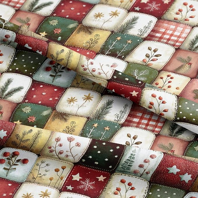 Patchwork Cotton Fabric Panel 61 x 36.6 Inches, Christmas Botanical Squares Quilt Style, 100% Cotton 140 GSM, Sewing Quilting Craft Fabric