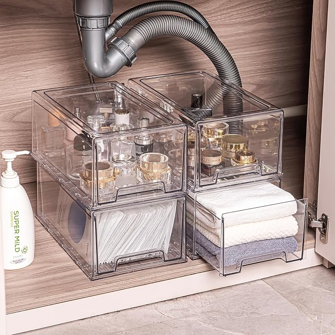 Clear Acrylic Stackable Storage Drawers, Plastic Refrigerator Organizer Bins with Handles for Undersink, Cabinet, Fridge, Closet, Pantry, Office, Bathroom, Kitchen(2 Pack)