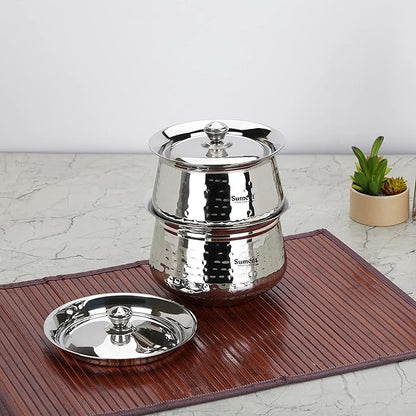 Sumeet Stainless Steel Handcrafted Hammered Texture Handi Set with Lid for Kitchen, Set of 2, 1300ml & 1700ml, Silver