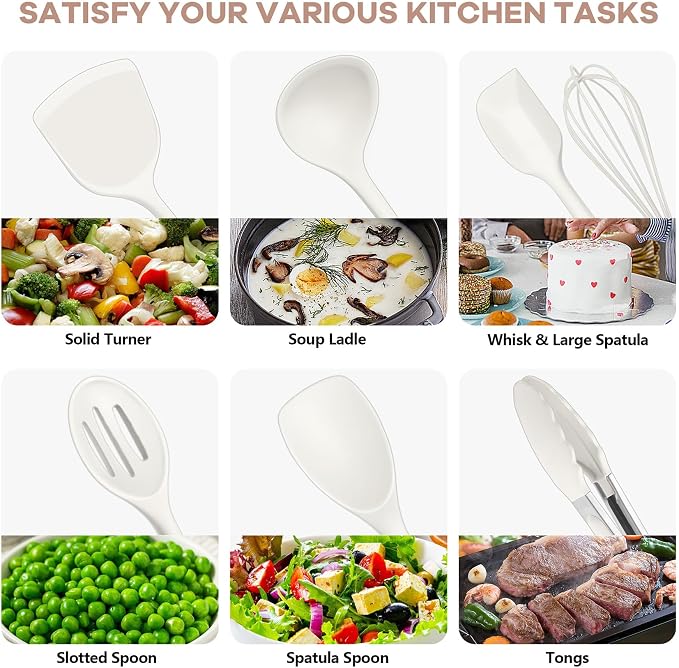 TeamFar Kitchen Cooking Utensils, 10 pcs Silicone Cooking Utensils Set, 446°F Heat Resistant Kitchen Gadgets Tools Set w/Spatula, Turners, Spoons, Soup Ladle, Pasta Server for Nonstick Cookware, White