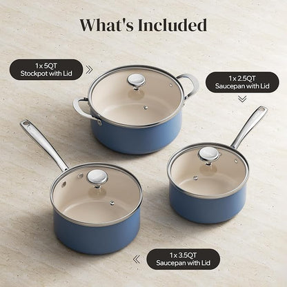 Redchef Ceramic Stock Pots Set 5QT, Sauce Pan with Lids(2.5QT/3.5QT), Induction Cooking Pot Set,Ceramic Pots with Stay Cool Handle, Nonstick Cookware Set, PTFE/PFASFree, Dishwasher/Oven Safe (Blue)