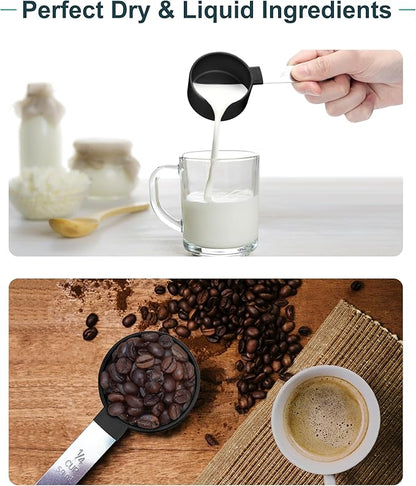 Measuring Cups and Spoons Set of 8 Pieces, nesting measuring cups for Measuring Dry or Liquid Ingredients, Stainless Steel Handle, Kitchen Gadgets for Cooking & Baking （Black）