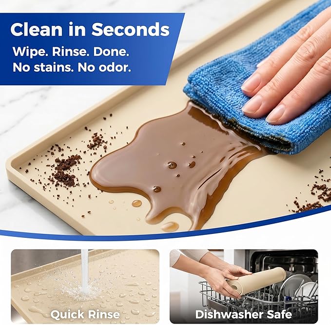 Golener Silicone Coffee Mat - 24" x 16" Coffee Bar Mat for Countertop with Raised Edges, Kitchen Station Pad, Accessories Fit Under Coffee Machine, Waterproof Dish Drying Mat, Heat Resistant, Beige