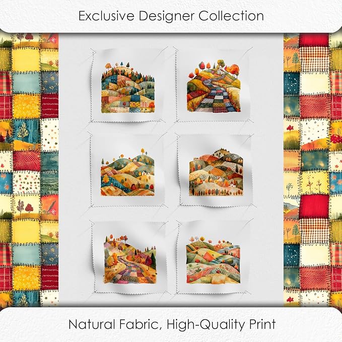 Patchwork Autumn Landscape Cotton Fabric Panel – 6 Designs (10×10 inch Each) + Bonus Sheet 29.5×19.6 inch, 100% Cotton 140 GSM, Made in Türkiye