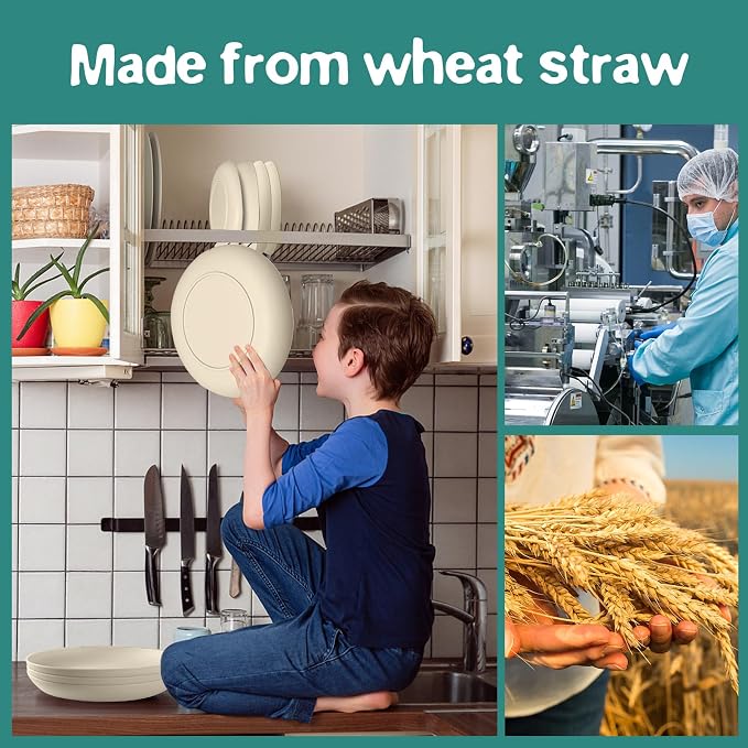 Teivio 32-Piece Kitchen Plastic Wheat Straw Dinnerware Set, Service for 8, Dinner Plates, Dessert Plate, Cereal Bowls, Cups, Unbreakable Plastic Outdoor Camping Dishes, Beige