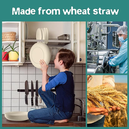 Teivio 32-Piece Kitchen Plastic Wheat Straw Dinnerware Set, Service for 8, Dinner Plates, Dessert Plate, Cereal Bowls, Cups, Unbreakable Plastic Outdoor Camping Dishes, Beige