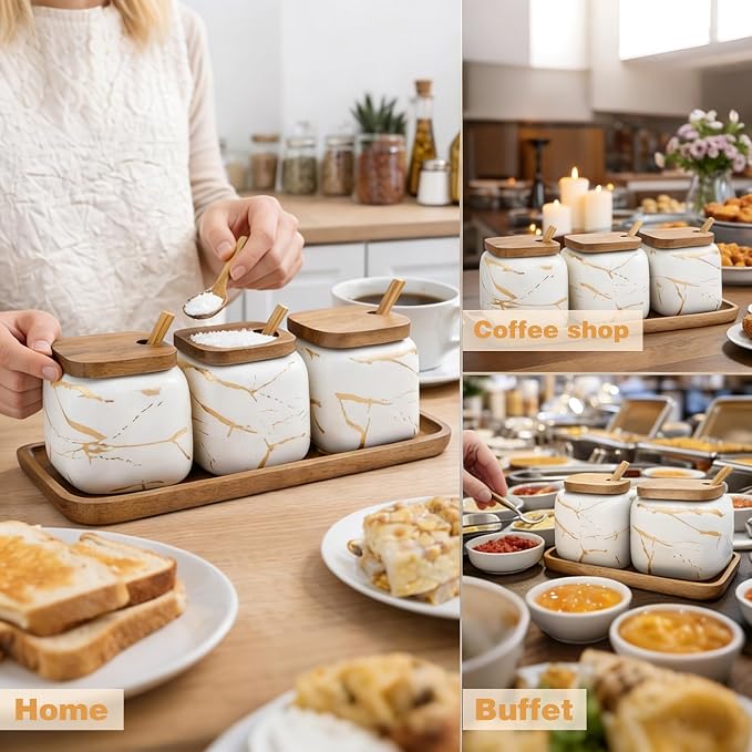 3 Pcs Sugar Bowls Ceramic Coffee Jar Set Ceramic Seasoning Jar with Lid Spoon and Tray/Food Storage Canister