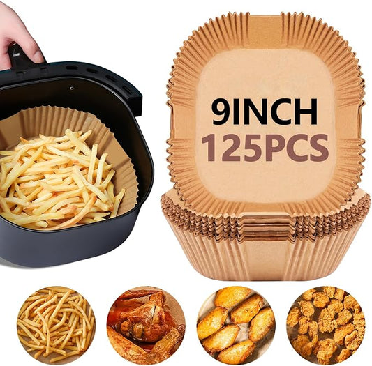UBeesize 125 Pcs Unbleached Air Fryer Liners 9 Inch, Non-Stick Disposable Parchment Paper Squares for Air Fryer, Microwave, Steamer & Oven – Oil-Proof, Waterproof, Ashesive-Free (8" Bottom)