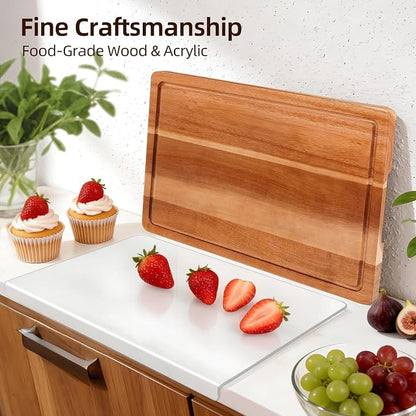Cutting Board Set of 2 – Acacia Wood & Acrylic Cutting Board with Counter Lip for Kitchen, Wooden Chopping Board with Juice Grooves for Vegetables, Fruits, Meat