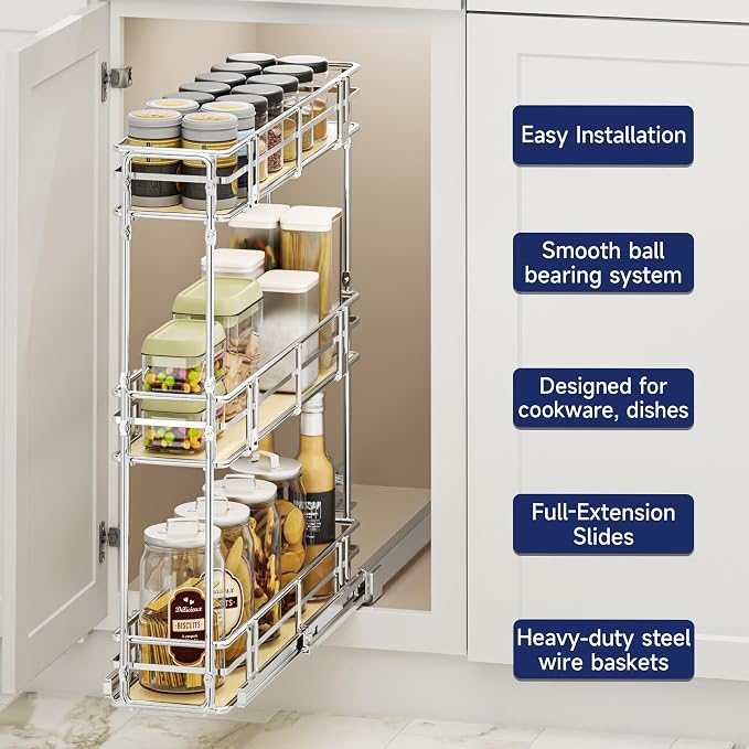 6" W x 20.5" D 3-Tier Pull Out Spice Rack Organizer, Solid Wood Base Slide Out Cabinet Shelf for Narrow Kitchen Cabinets, Chrome Pantry Storage