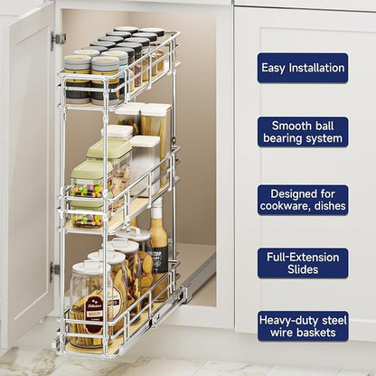 6" W x 20.5" D 3-Tier Pull Out Spice Rack Organizer, Solid Wood Base Slide Out Cabinet Shelf for Narrow Kitchen Cabinets, Chrome Pantry Storage