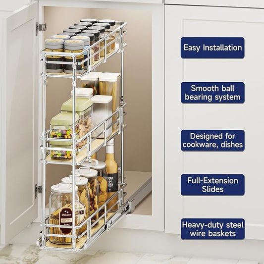 6" W x 20.5" D 3-Tier Pull Out Spice Rack Organizer, Solid Wood Base Slide Out Cabinet Shelf for Narrow Kitchen Cabinets, Chrome Pantry Storage