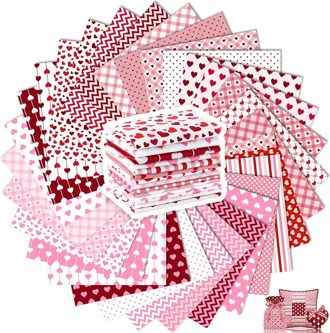 Tatuo 30 Pcs 10 x 10 Inches Valentine Cotton Fabric Bundle Squares Patchwork Pink Heart Fabric Sewing Quilting Bundles Assorted Pattern Cloth for DIY Scrapbook Craft Making