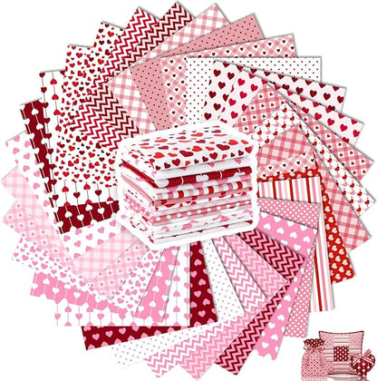 Tatuo 30 Pcs 10 x 10 Inches Valentine Cotton Fabric Bundle Squares Patchwork Pink Heart Fabric Sewing Quilting Bundles Assorted Pattern Cloth for DIY Scrapbook Craft Making