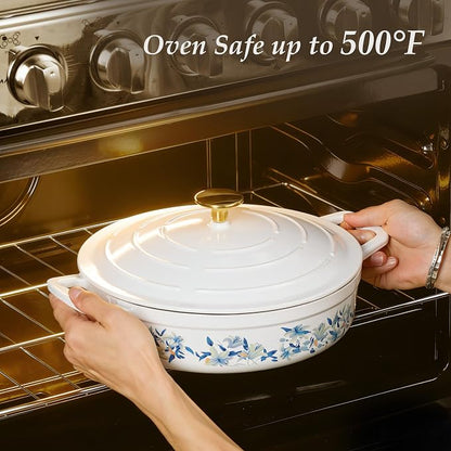 CAROTE 3.5QT Enameled Cast Iron Braiser Pan, Shallow Floral Dutch Oven Casserole Skillets, Non-Toxic Cast Iron Pot with Lid for Baking, Dual Handles, All Stovetop Compatible, White & Blue
