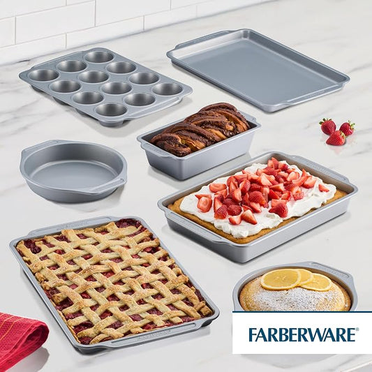 Farberware Bakeware Nonstick Baking Pans with Baking Sheets, Cake Pans, Meatloaf/Bread Pan, and Muffin Pan, 7 Piece Bakeware Set - Gray