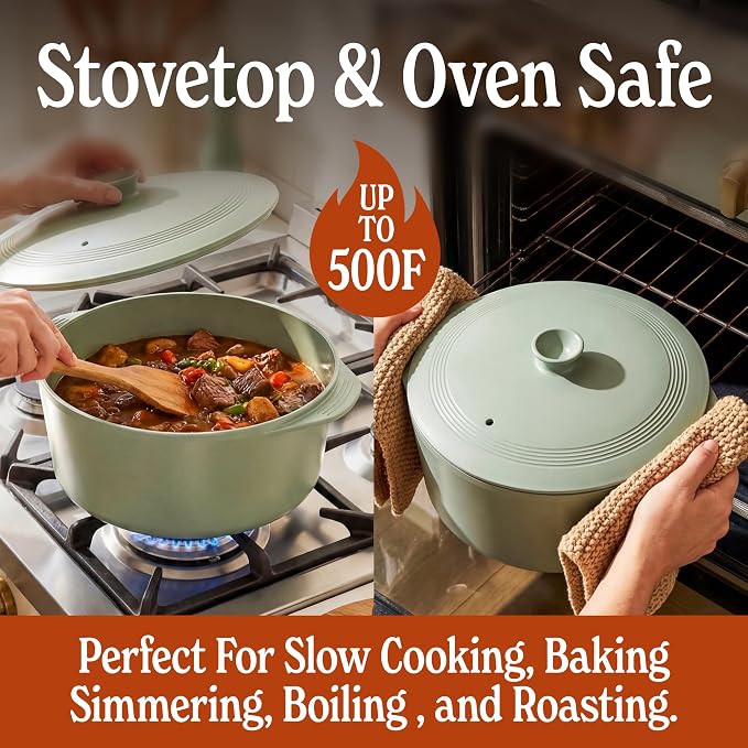 MAGNIFIQUE Slow Cooker, 4.5 Quart 8-in-1 Clay Pot Multi-Cooker, Non-Toxic Slow Cooker with Removable Clay Pot, for Rice, Pasta, Steam & Proof, Nonstick, Oven Safe Pot to 500°F, Olive