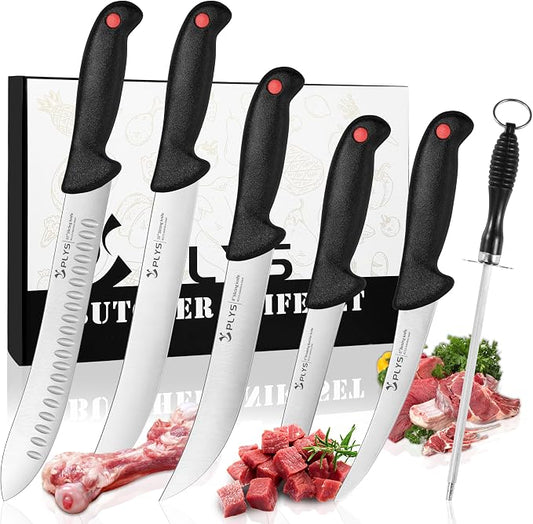 Plys Butcher Knife Set 7-PCS: 6 inch Boning Knife for Meat Cutting and Game Processing - 4Cr13Mov Stainless Steel BBQ and Outdoor Activities Skinning Knives