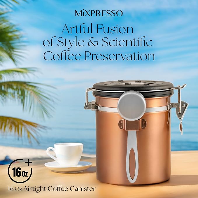 Mixpresso Copper 16 Oz Stainless Steel Coffee Canister with Scoop – Airtight Coffee Container with CO2 Valve for Bean Storage, Date Tracker Lid