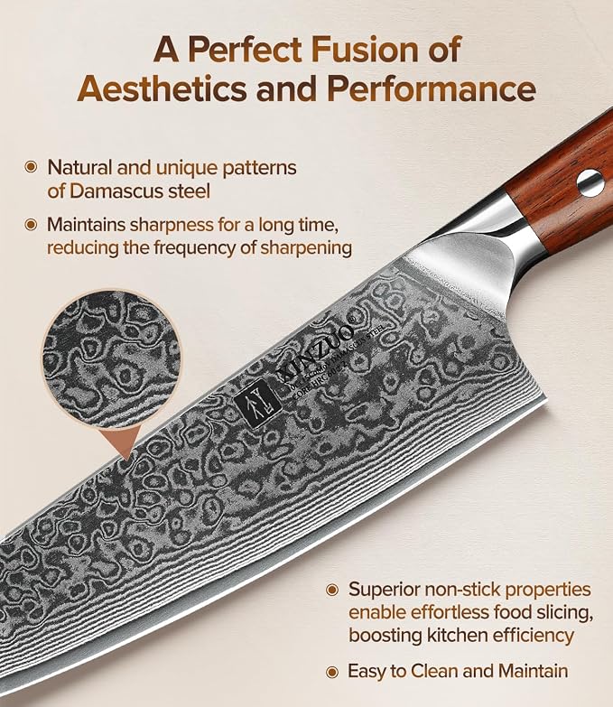 XINZUO Chef Knife 8.3 Inch, VG-10 Super Stainless Steel Gyuto Knife for Professional Chefs and Home Cooking, Ultra Sharp Kitchen Knife with Rosewood Handle - Yu Series
