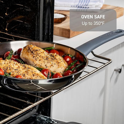 T-fal Essentials Stainless Steel Cookware Set, 2-Piece 8" and 10.5", Induction Compatible, Oven Safe 350F, Pots and Pans Set, Cooking Skillets, Cookware, Kitchen Frying Pans, Silver/Blue