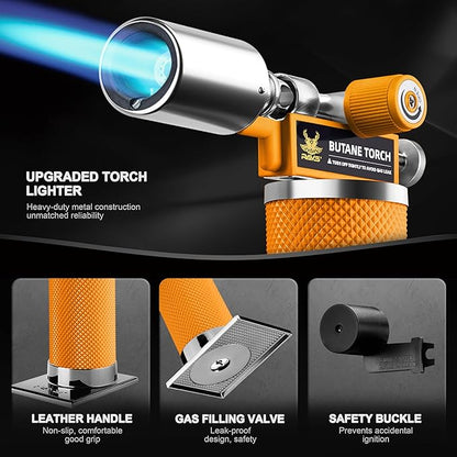 RAVS Butane Torch Lighter, Creme Brulee Torch with Adjustable Flame, Premium Metal Kitchen Torch for Baking, BBQ, DIY, Orange, Butane Gas Not Included