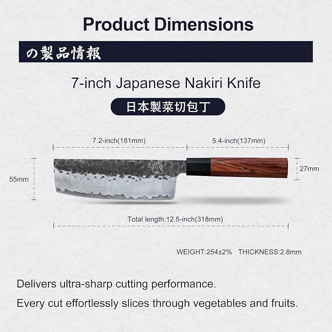 MITSUMOTO SAKARI 7-Inch Japanese Nakiri Knife, 9Cr18MoV Steel | Wide Nakiri blade for vegetable push cuts, 12° edge, 3-layer 9Cr18MoV steel, rosewood handle, sandalwood box