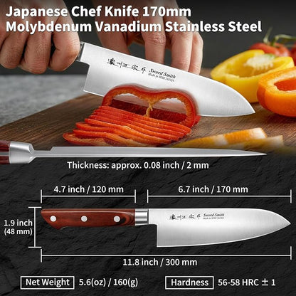 6.7 Inch Santoku Knife, Made in Japan, Full Tang High Carbon Molybdenum Stainless Steel Japanese Chef Knife with Pakkawood Handle,Kitchen Knife for Slicing Meat & Vegetables