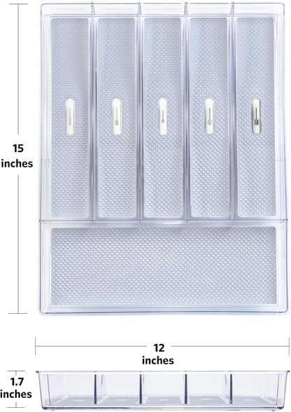 Glad Silverware & Utensil Drawer Organizer - Divided Clear Plastic Storage Tray with 6 Compartments for Kitchen Flatware and Cutlery - BPA Free, Food Safe, Non Slip, 12x15 inches