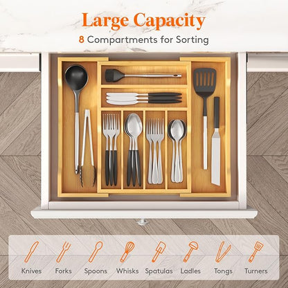 Lifewit Silverware Drawer Organizer, Expandable Utensil Tray for Kitchen, Flatware and Cutlery Holder, Wood Adjustable Storage for Spoons Forks Knives, 28-47 x 38cm, Natural