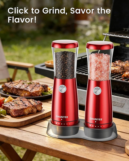 Electric Salt and Pepper Grinder Set - Automatic Stainless Steel Rechargeable Salt and Pepper Grinder Set with Storage Base, Large Capacity, LED Light & Adjustable Coarseness, Ideal Kitchen Gadget