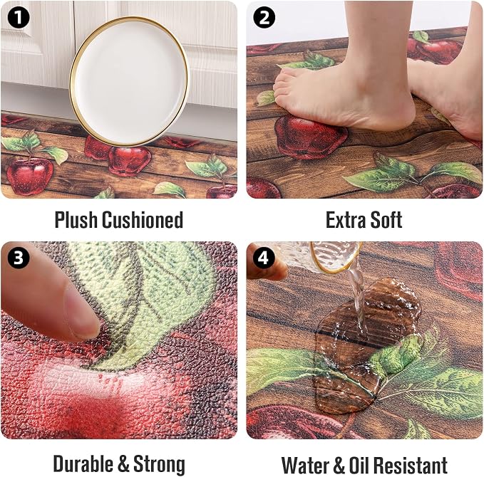 Carvapet Kitchen Floor Mats 2Pcs, Anti Fatigue Rugs and Mats Farmhouse Apples Non-Skid Cushioned Floor Comfort Mat for Kitchen, Doorway, Sink, Laundry, 17"x27"+17"x47"