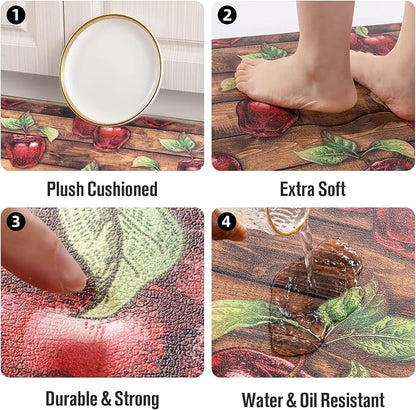 Carvapet Kitchen Floor Mats 2Pcs, Anti Fatigue Rugs and Mats Farmhouse Apples Non-Skid Cushioned Floor Comfort Mat for Kitchen, Doorway, Sink, Laundry, 17"x27"+17"x47"