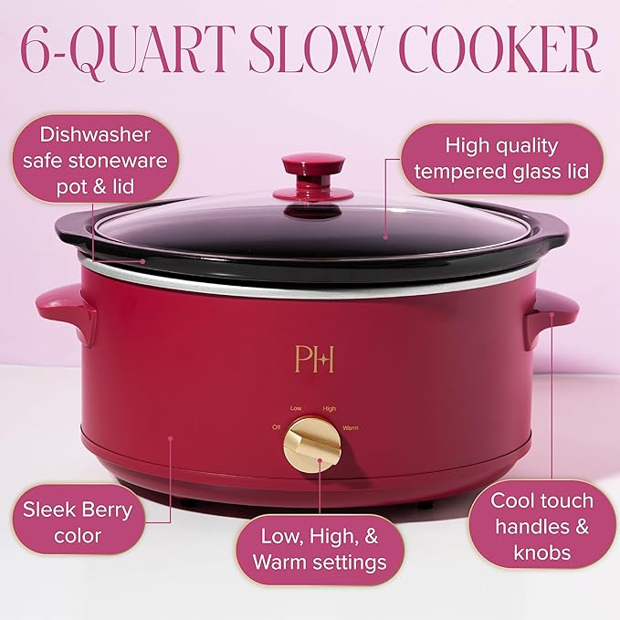 Paris Hilton 6-Quart Manual Slow Cooker, Naturally Nonstick Stoneware Ceramic Insert, Three Settings (Low, High, Warm), Dishwasher Safe Family Size Slow Cooker, Berry