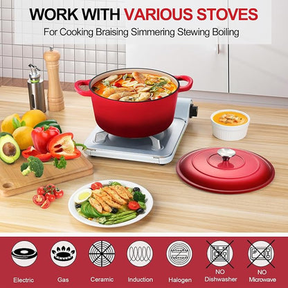 P&P CHEF 5QT Enameled Dutch Oven, Cast Iron Dutch Oven Pot with Lid for Bread Baking, Enameled Casserole Pot for Roasting Braising Stewing Frying Simmering, Various Stoves & Easy Clean, Red