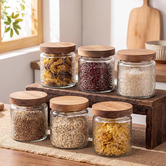 Suclain 6 Pcs 17 OZ Vintage Glass Jar with Acacia Wood Lids Airtight Glass Storage Canisters Kitchen Spice Jars Food Storage Containers for Pantry Coffee Grains Tea Sugar Flour(Fireworks)