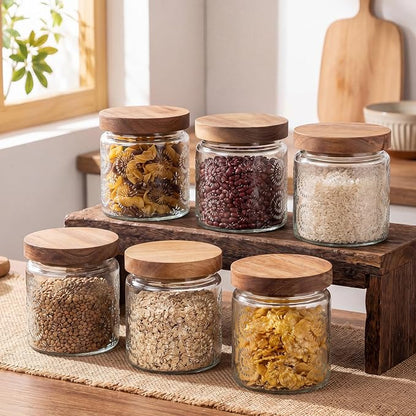 Suclain 6 Pcs 17 OZ Vintage Glass Jar with Acacia Wood Lids Airtight Glass Storage Canisters Kitchen Spice Jars Food Storage Containers for Pantry Coffee Grains Tea Sugar Flour(Fireworks)