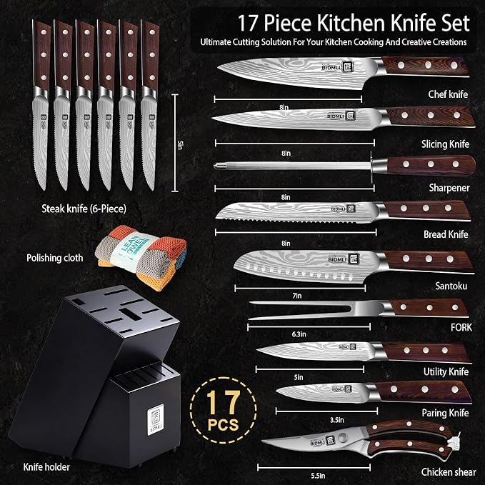 17-Pack kitchen knife set, wooden blocks,sharp high carbon stainless steel blades,hardwood handles,Sharpener,chicken bone clipper,microfiber towels,gift packaging,for families, restaurants, chefs.