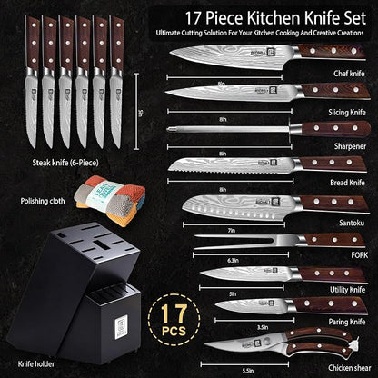 17-Pack kitchen knife set, wooden blocks,sharp high carbon stainless steel blades,hardwood handles,Sharpener,chicken bone clipper,microfiber towels,gift packaging,for families, restaurants, chefs.