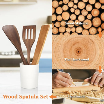3Pcs Wooden Spatulas, Acacia Wood 12inch Long Handle Flat Frying Turner, Non-Stick Wooden Spoons for Cooking, Kitchen Utensils Set for Flipping, Scraping and Turning