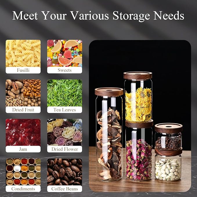 Glass Jars with Airtight Wood Lids - 25 OZ / 750 ML Kitchen Pantry Storage Containers, Decorative Canister for Chia Seed, Coffee Bean, Sugar, Spice, Cereal, Oats, Cookie, Candy, Tea, Nuts, Set of 2