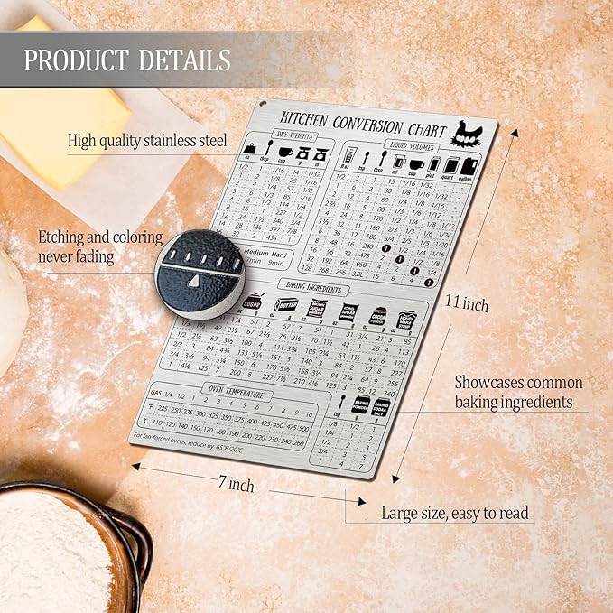 Kitchen Conversion Chart Magnet for Refrigerator, Stainless Steel Baking Ingredients Measurements for Baker, Vintage Kitchen Accessories Gadgets