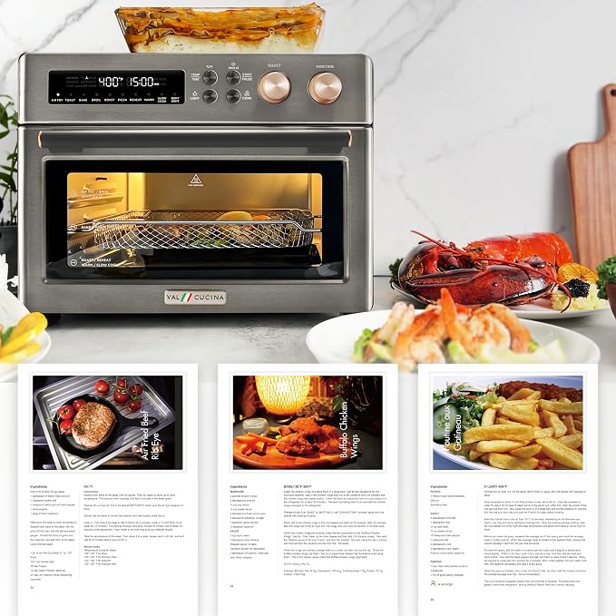 VAL CUCINA Infrared Heating 26.3 QT Air Fryer Toaster Oven, Large Countertop Convection Oven 10-in-1 Combo, 6-Slice Toast, Enamel Baking Pan Easy Clean with Recipe Book, Black Matte Stainless Steel
