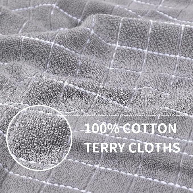 Homaxy 100% Cotton Terry Kitchen Towels(White and Light Grey, 13 x 28 Inches), Checkered Designed, Soft and Super Absorbent Dish Towels, 4 Pack